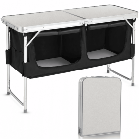 4FT Portable Folding Camping Table with Storage, Aluminum Outdoor Cooking Station with 2 Adjustable Legs, Black