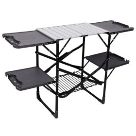 Folding Camping Kitchen Table, Portable Outdoor Cooking Station with Heat Resistant Top, 4 Side Tables & Lower Storage Rack for Picnic, Tailgatin (Color: Black, size: NoPost)